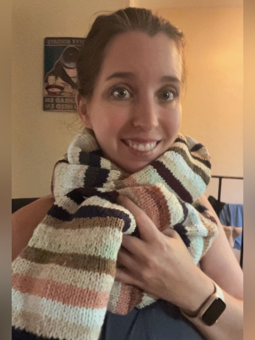 Hand Knit Striped Cowl Scarf from recycled sweater yarn sustainable boho neutral